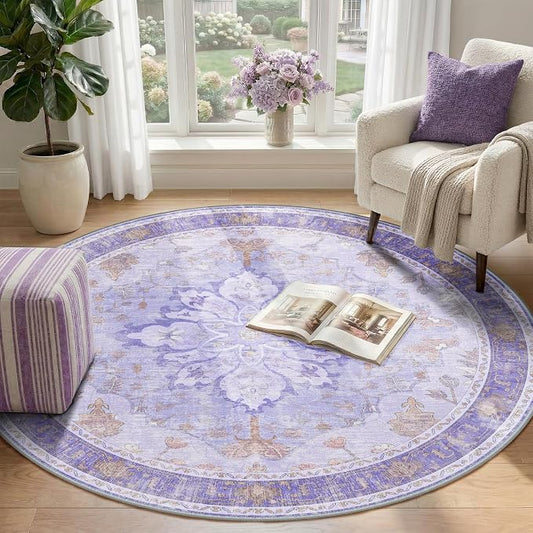 RELEANY Area Rugs Round 4ft Washable Non-Slip, Floral Vintage Distress Medallion Carpet for Living Room Bedroom Dining Room, Light Purple Brown