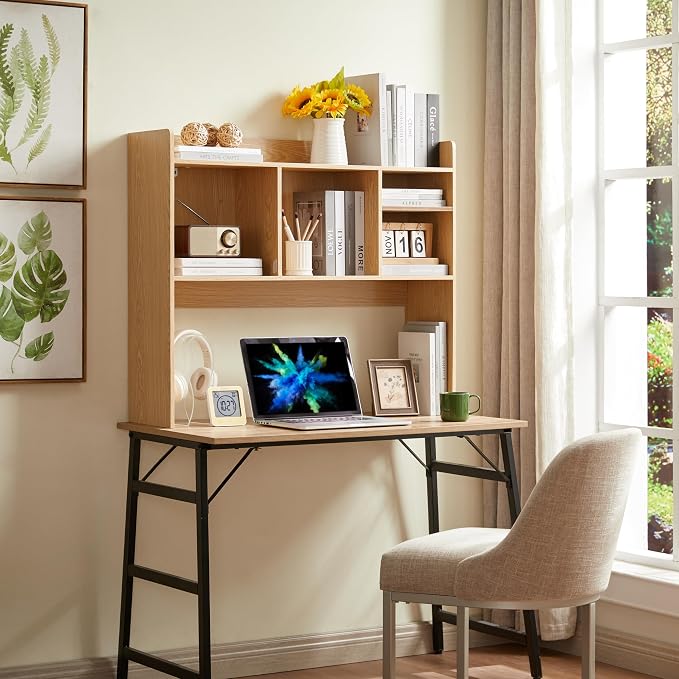 Nromant Desktop Bookshelf, Wooden Desk Storage Hutch with 6 Shelves for Computer Desk, 3-Tier Desktop Display Organizer Rack for Office Home (Natural)