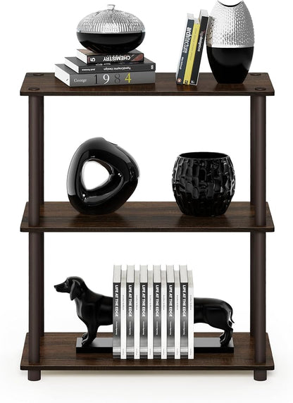 Furinno TURN-N-TUBE Storage Shelves, 3-Tier Book Shelf, Corner Shelf, Toolless Open Shelves, for Organization and Storage, Living Room, Garage, Home Office, Walnut