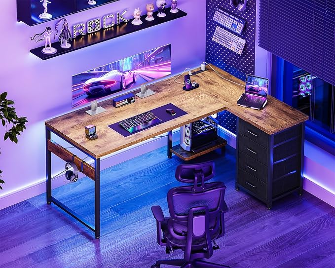 AODK L Shaped Gaming Desk with 4 Drawers, 53" Reversible Home Office Desks with Power Outlets, L Shaped Computer Desk with USB Charging Port and Host Stand, Corner Desk, Easy to Assemble, Vintage