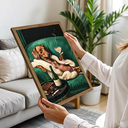 Framed Funny Dachshund Wall Art, Playful Dog Canvas Print with Martini and Cigar, Humorous Animal Poster, Abstract Dog Wall Decor for Living Room Bedroom, Gift for Pet Lovers 8x10 inch