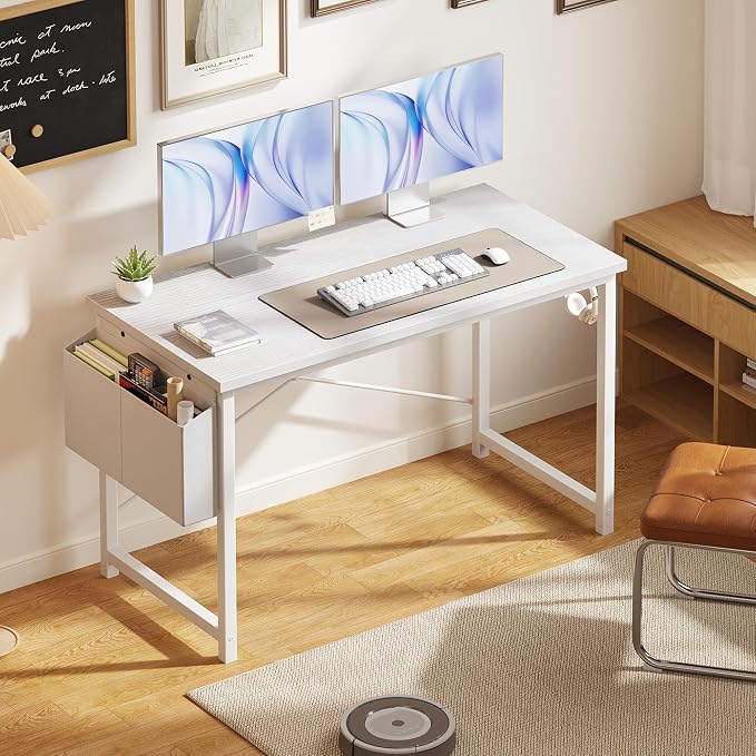 OLIXIS Computer Desk, 47 Inch Home Office Desks for Small Spaces, Writing Craft Study Gaming Table for Bedroom, Modern Computer Workstation with Storage Bag and Headphone Hook, White