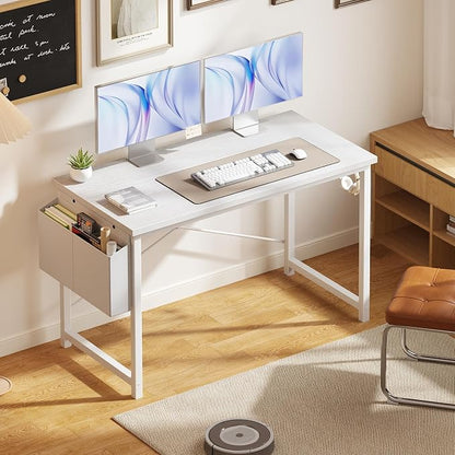 OLIXIS Computer Desk, 47 Inch Home Office Desks for Small Spaces, Writing Craft Study Gaming Table for Bedroom, Modern Computer Workstation with Storage Bag and Headphone Hook, White