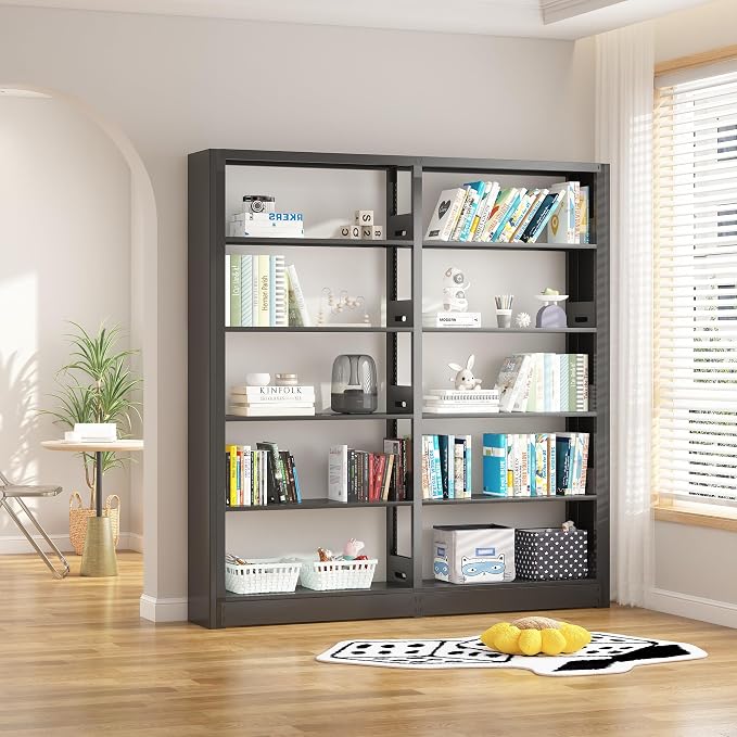 5-Tier Industrial Bookshelf, Black Bookcases and Bookshelves,Tall Metal Bookshelf Storage Organizer,Freestanding Book Shelf for Living Room,Home Office (Black, Shelf-2)