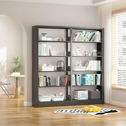 5-Tier Industrial Bookshelf, Black Bookcases and Bookshelves,Tall Metal Bookshelf Storage Organizer,Freestanding Book Shelf for Living Room,Home Office (Black, Shelf-2)