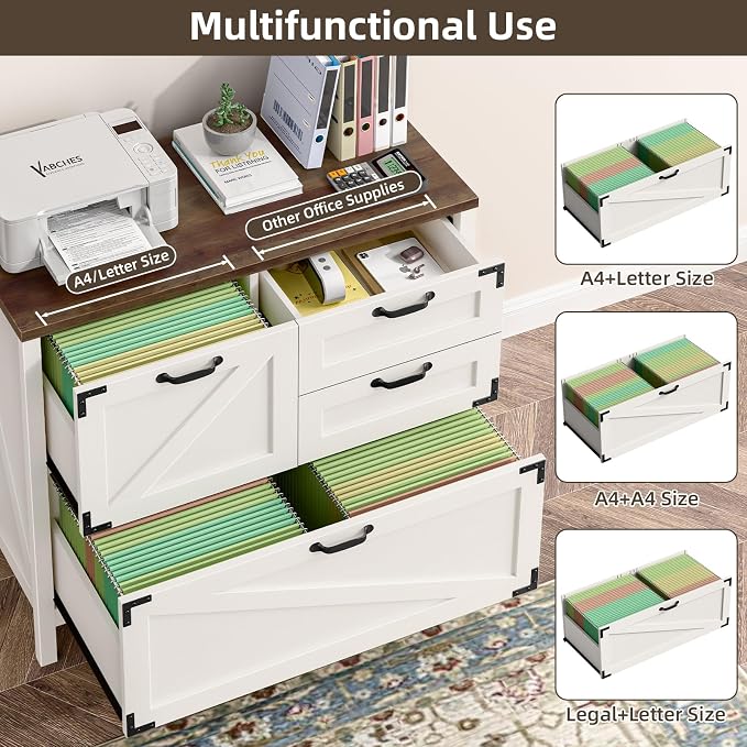 Befrases Farmhouse File Cabinet, Lateral Filing Cabinet with 4 Drawers for Letter/A4 Size Hanging Files, Large Wooden Printer Stand File Storage Cabinet for Home Office, Rustic White