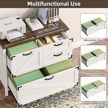 Befrases Farmhouse File Cabinet, Lateral Filing Cabinet with 4 Drawers for Letter/A4 Size Hanging Files, Large Wooden Printer Stand File Storage Cabinet for Home Office, Rustic White
