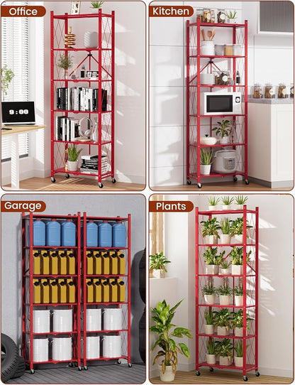 ALANNG 73.6 Inch Folding Bookshelf, 6 Tier Metal Bookcase and Bookshelves, Tall Shelves for Living Room Office Bedroom, Heavy Duty Book Shelve Free Standing Open (Red, 1PACK)