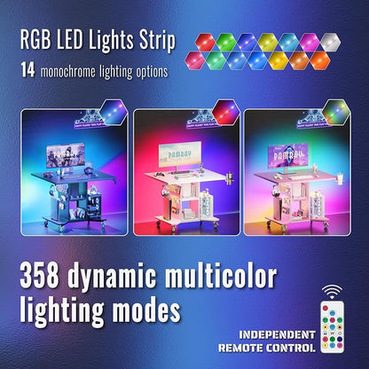 Pamray Small Gaming Desk Rolling Computer Table White | Movable, with Led Lights Power Outlets, with Storage Pegboard and Hook, Sturdy, Suitable for Study Gaming Bedroom Dorm