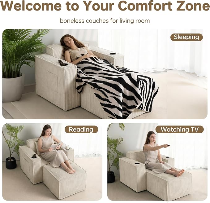 Cloud Single Sofa,Comfy Lounge Chair with Elevated Seat Height, Cup Holder & Side Pocket,No Assembly Required, Foam Couch for Small Space Bedroom Office Apartment (White, with Ottoman)