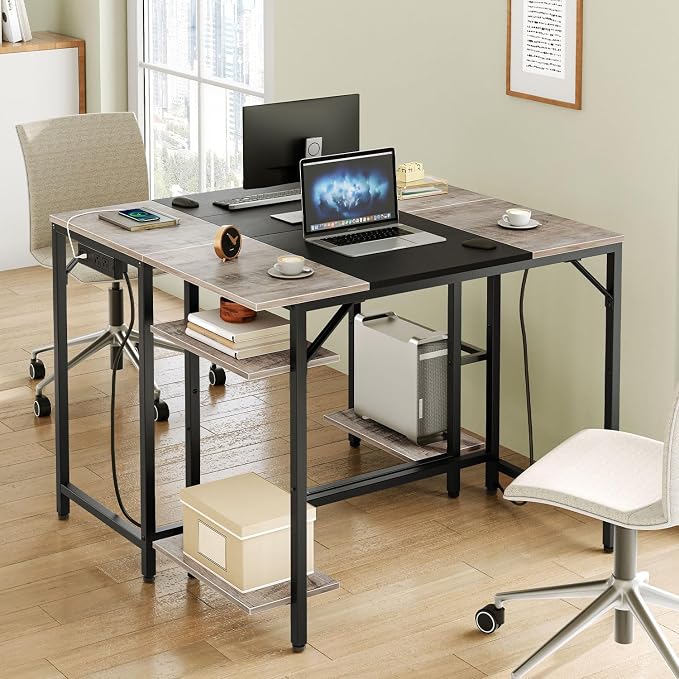 HOOBRO Small Computer Desk, Home Office Desk with Power Outlet, Writing Desk with 2 Shelves, Modern Small Desk for Home Office, Study, Easy to Assemble, Charcoal Gray and Black BG43UDN01