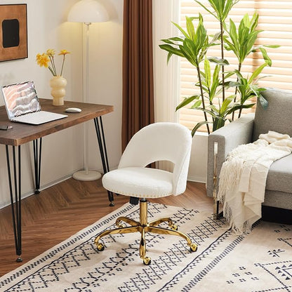 VINGLI Modern Teddy Fluffy Small Office Chair,Cute Desk Chair with Wheels,Gold Base/Studs, Comfy Armless Swivel Vanity Task Chair for Women/Girl/Kids, Nail Tech Chair for Bedroom,Small Space,White