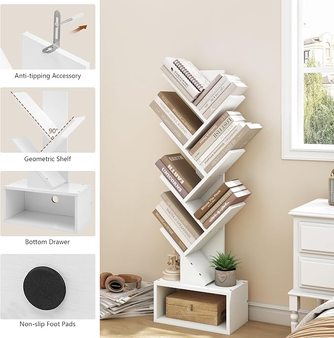 Hoctieon 6 Tier Tree Bookshelf, Tall Bookcase with Drawer, Freestanding Book Shelf, Display Floor Standing Storage Shelf, Book Organizer Shelves for Home Office, Living Room, Bedroom, White