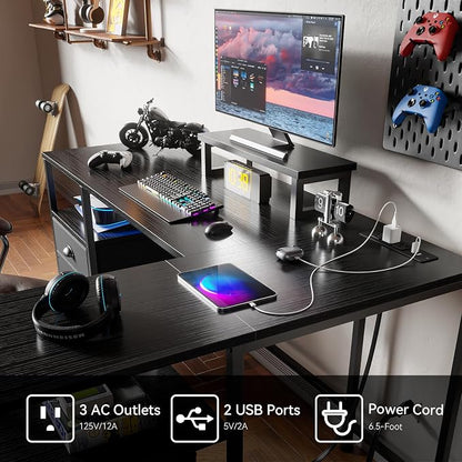 Furologee 50 Inch L Shaped Gaming Desk with Power Outlet, Corner Computer Desk for Home Office, Reversible Work Study Table with File Drawer, Monitor Stand, Storage Shelves, Black