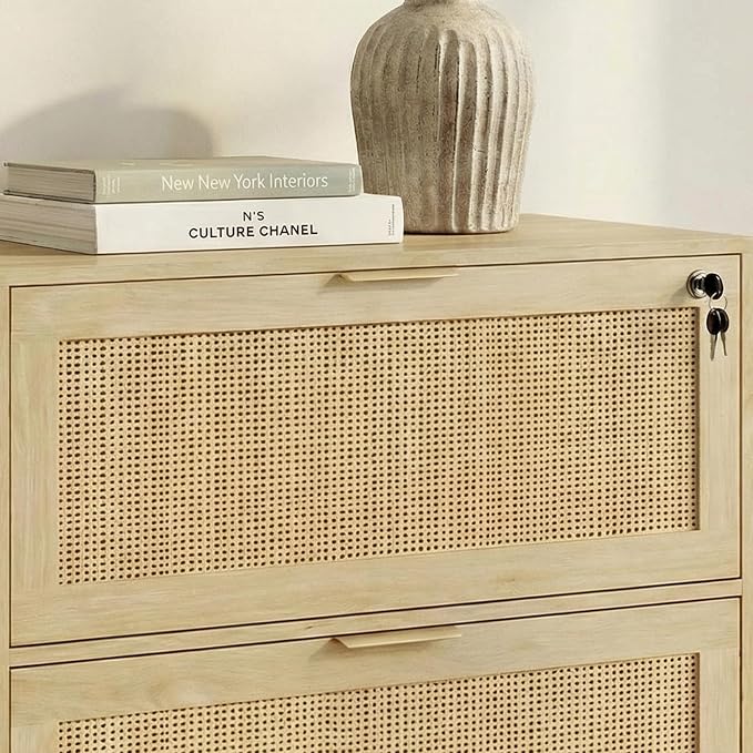 Lateral File Cabinets for Home Office, 2 Drawer Filing Cabinet with Lock, Wide Rattan Filing Organization Storage Cabinets with Printer Stand for Hanging Files/Letter/Legal/A4/F4 Size, Natural Wood