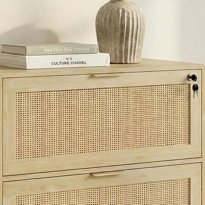 Lateral File Cabinets for Home Office, 2 Drawer Filing Cabinet with Lock, Wide Rattan Filing Organization Storage Cabinets with Printer Stand for Hanging Files/Letter/Legal/A4/F4 Size, Natural Wood