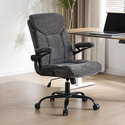 Home Office Ergonomic Desk Chair - Comfy Fabric Executive Chair with Flip-Up Armrests, Height Adjustable Computer Chair for Gaming, 360° Swivel & Rocking (Grey)