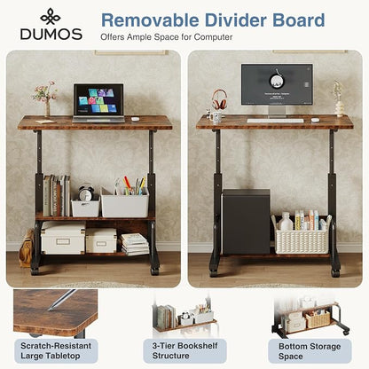 DUMOS 31.5" Mobile Rolling Desk with 2-Tier Storage Shelves, Height Adjustable Computer Desks on Wheels, Portable Rolling Laptop Table for Small Spaces & Home Office, Rustic Brown