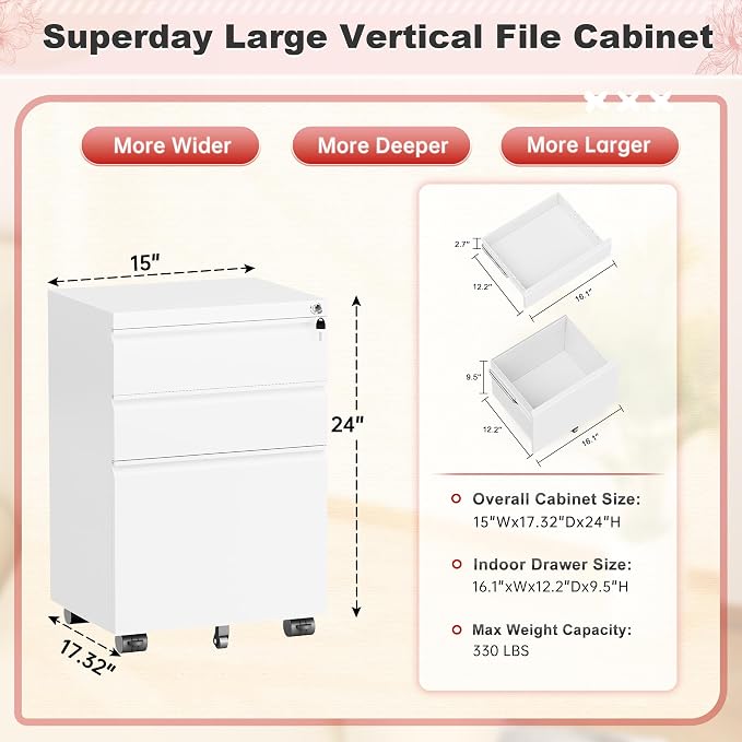 Superday White 3 Drawer Mobile Locking File Cabinet, Metal Rolling Vertical Filing Cabinet with Drawers, Small Under Desk File Cabinets for Office and Home, Fully Assemble