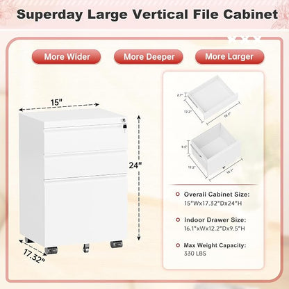 Superday White 3 Drawer Mobile Locking File Cabinet, Metal Rolling Vertical Filing Cabinet with Drawers, Small Under Desk File Cabinets for Office and Home, Fully Assemble