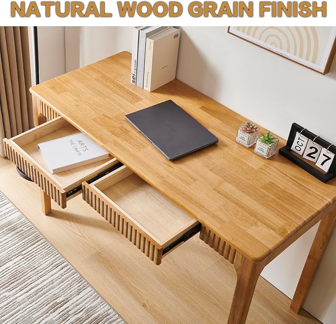 Solid Wood Desk with Drawers, Light Wood Desk for Small Spaces, Small Writing Desk for Bedroom, Gaming Study Home Office Wooden Desks for Work, 39 inch Wood Computer Desk