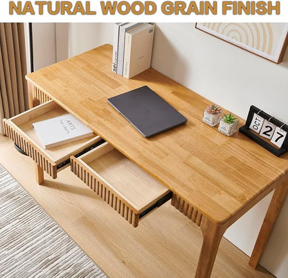 Solid Wood Desk with Drawers, Light Wood Desk for Small Spaces, Small Writing Desk for Bedroom, Gaming Study Home Office Wooden Desks for Work, 39 inch Wood Computer Desk