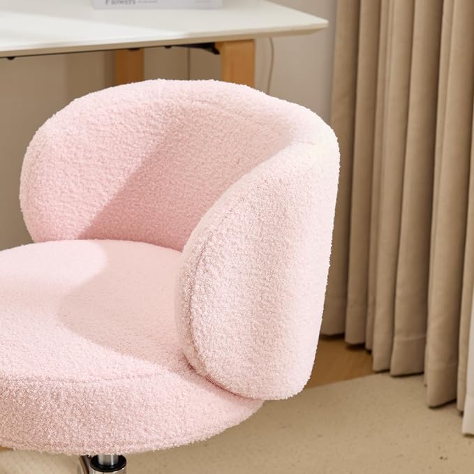 VINGLI Cute Small Swivel Desk Chair Comfy with Wheels,Ergonomic Low-Back Lumbar Support Vanity Nail Tech Rolling Task Stool Girls Women Kids Chair for Home Office,Height Adjustable,Teddy Fleece,Pink