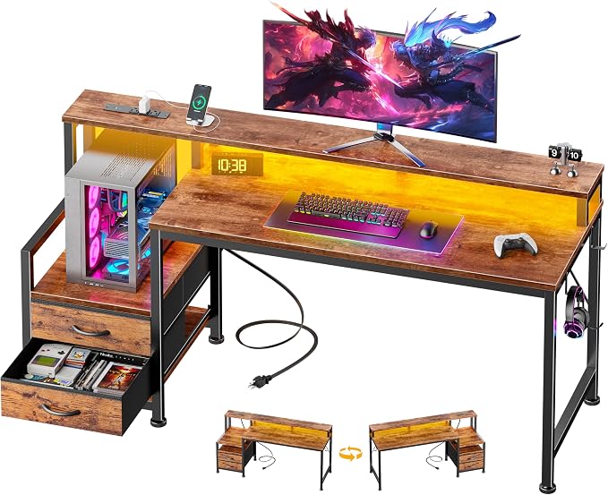 Furologee 55" Gaming Desk with LED Lights & USB-C Port, Reversible Computer Desk with Monitor Stand, Storage Shelves & 2 Fabric Drawers, Home Office Desk with Power Outlets & Hooks, Rustic Brown