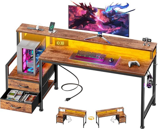 Furologee 55" Gaming Desk with LED Lights & USB-C Port, Reversible Computer Desk with Monitor Stand, Storage Shelves & 2 Fabric Drawers, Home Office Desk with Power Outlets & Hooks, Rustic Brown