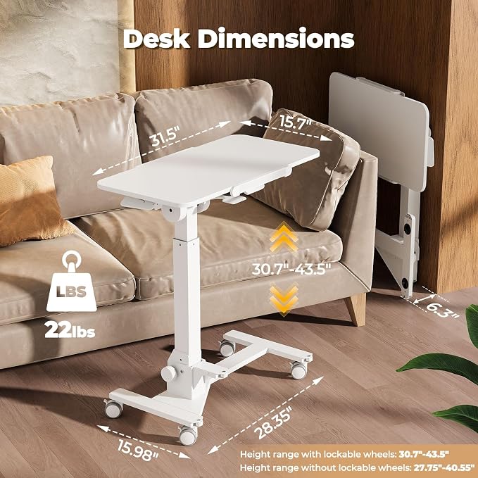 JOY worker Foldable Mobile Standing Desk, 180° Tiltable Overbed Bedside Table with 4 Lockable Wheels, 31.5" Height Adjustable Rolling Laptop Desk for Home & Hospital Use, Easy Storage, White