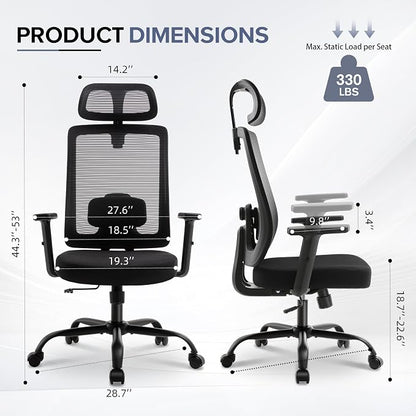 Ergonomic Office Chair with Headrest, Mesh Office Chair for Long Sitting, Comfortable Desk Chair with Flip-Up Arms, Adjustable Swivel Computer Chair for Home Office, Study, Gaming, Black