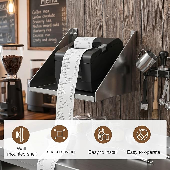 Hicarer 8" x 6" x 5" Wall Mounted Printer Shelf, Compact Stainless Steel Receipt Printer Stand for Coffee Shop, Bar, Small Checkout Counter & Tight Workspace, with Wire Routing Hole