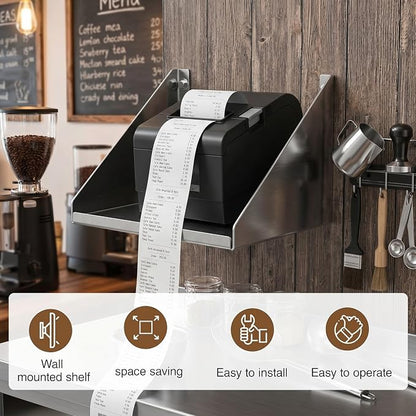 Hicarer 8" x 6" x 5" Wall Mounted Printer Shelf, Compact Stainless Steel Receipt Printer Stand for Coffee Shop, Bar, Small Checkout Counter & Tight Workspace, with Wire Routing Hole