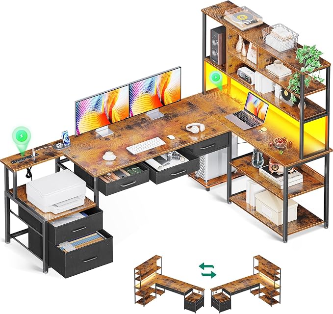 AODK 79 inch L Shaped Desk with 5 Drawers, Reversible L Shaped Gaming Desk with LED Light & 2 Power Outlets, Computer Desk with Storage Shelves for Home Office, Vintage