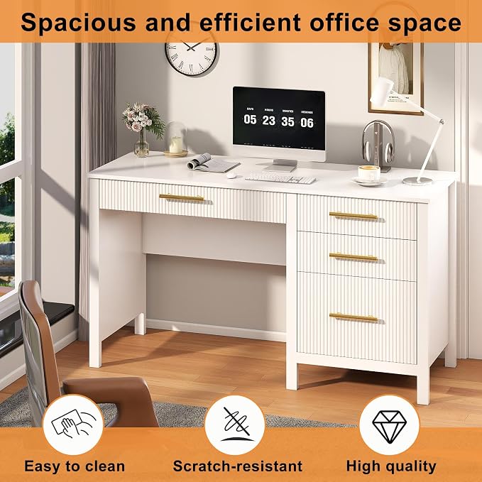 White Executive Desk with Drawers: 54" Wood Computer Desk with File Drawer, Modern Home Office Desks with Storage, Fluted Writing Desks for Working, Studying (White, 54")
