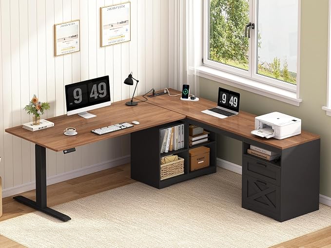 YOMILUVE Farmhouse L Shaped Standing Desk, 66 inch Corner Electric Standing Desk with Drawers ＆ Storage Shelves, Height Adjustable Computer Desk with Power Outlets for Home Office (Black and Brown)