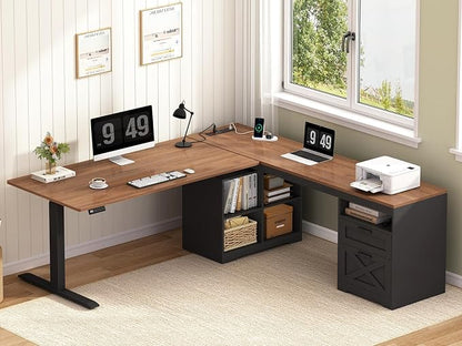YOMILUVE Farmhouse L Shaped Standing Desk, 66 inch Corner Electric Standing Desk with Drawers ＆ Storage Shelves, Height Adjustable Computer Desk with Power Outlets for Home Office (Black and Brown)