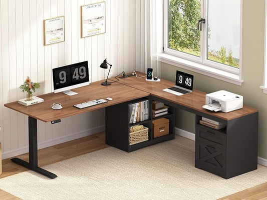 YOMILUVE Farmhouse L Shaped Standing Desk, 66 inch Corner Electric Standing Desk with Drawers ＆ Storage Shelves, Height Adjustable Computer Desk with Power Outlets for Home Office (Black and Brown)