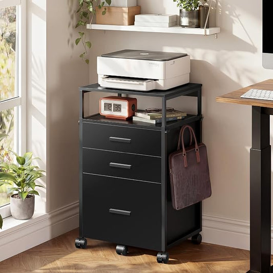 DEVAISE 3 Drawer File Cabinet with Adjustable Shelves, Rolling Wooden Filing Cabinet Mobile Printer Stand for Home Office, Black, 15.7" D x 17.7" W x 40.3" H