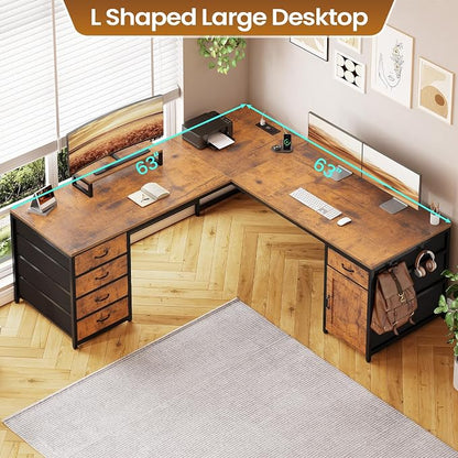 SEDETA L Shaped Desk, 63'' Corner Desk with 5 Drawer & Power Outlet, Larger Home Office Desk or Gaming Desk, L Shaped Corner Desk with Monitor Shelf, Storage Cabinet, Rustic Brown