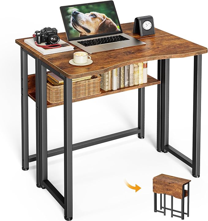 Huuger Folding Desk with Storage Shelf, 23.6 Inch Foldable Computer Table for Small Spaces, Space Saving Sofa Table for Couch, Writing Work Office Computer Desk, Easy to Fold, Rustic Brown