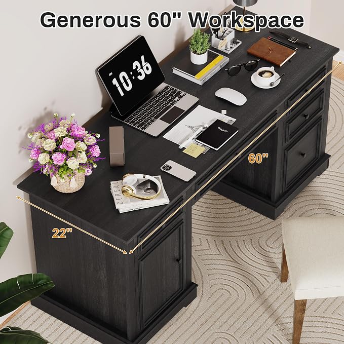 Vipbear 60" Farmhouse Executive Desk with Drawers and Cabinet, Embossed Texture Wood Home Office Desk, Rustic Computer Writing Desk, Workspace for Work Study Writing, Black