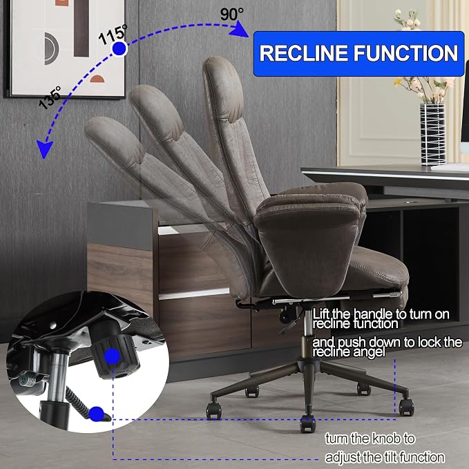 Home Office Ergonomic Chair with Footrest, Modern Luxury Faux Suede Leather Chairs, Comfy High Back Computer Swivel Rolling Task Armchair for Executive, Grey Color