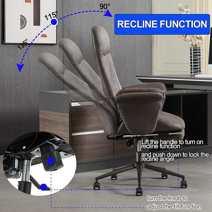 Home Office Ergonomic Chair with Footrest, Modern Luxury Faux Suede Leather Chairs, Comfy High Back Computer Swivel Rolling Task Armchair for Executive, Grey Color