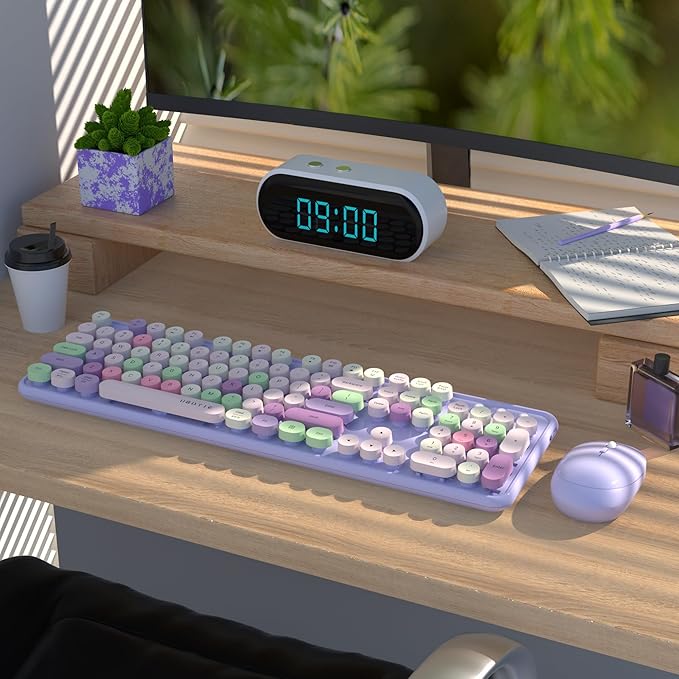 UBOTIE Colorful Wireless Keyboard and Mouse Combos, Retro Typewriter Floating Flexible Full-Sized Keys Computer Keyboard with Optical Mouse, 2.4GHz USB-A Connection for Windows Mac (Purple-Colorful)