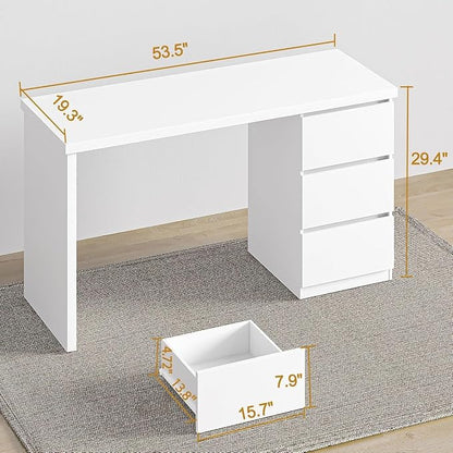 furtble White Desk with Drawers, 53'' W Home Office Computer Desk Gaming Table, Modern Vanity Desk with Storage, Wood Writing Workstation for Bedroom, Living Room, White