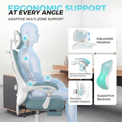 Ergonomic Office Chair with Footrest - Adjustable Lumbar Support & Headrest, 90-160° Reclining Mesh Back Computer Chair - Home Office/Gaming, 350lbs Capacity
