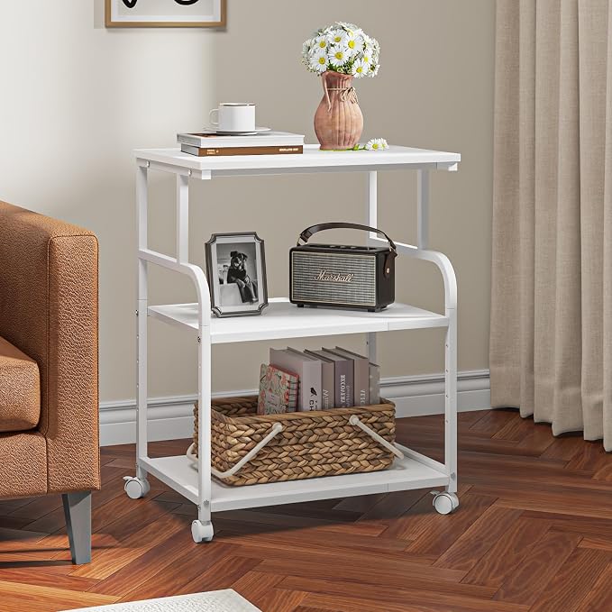 3-Tier Large Printer Stand with Storage, Rolling Printer Cart with Lockable Wheels for Home, Office (White)