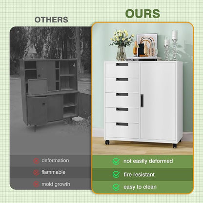 5-Drawer Metal Storage Cabinet with Adjustable Shelves and Wheels, Printer Stand with Storage, Craft Organizers and Storage Drawers, Rolling File Cabinets for Home Office(White)
