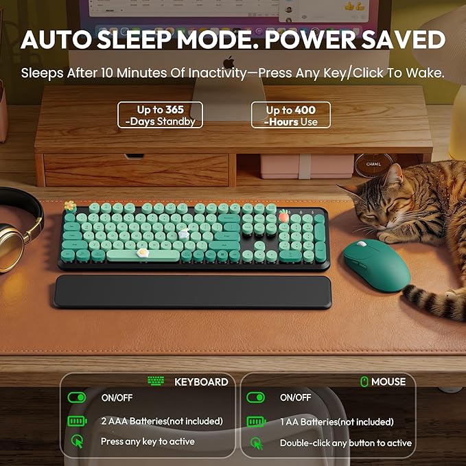Wireless Keyboard and Mouse Combo - Cute Typewriter Keyboard with Detachable Wrist Rest, Retro Round Keycaps, Foldable Legs, 2.4GHz Keyboards for PC Laptop, Mac, Windows - Trueque (Black and Green)